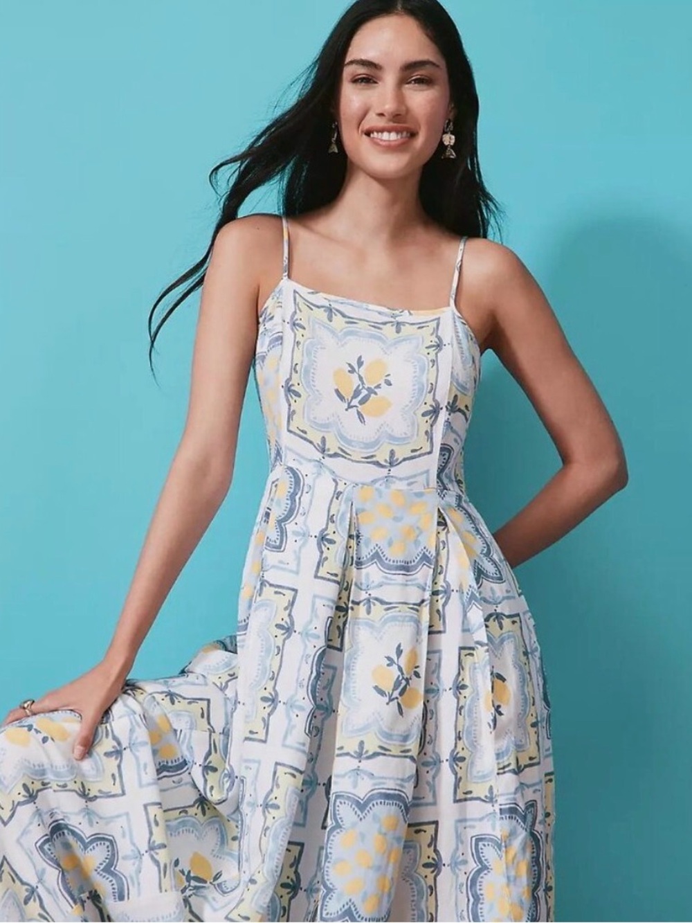 LOFT Blue and Yellow Printed Midi Sundress